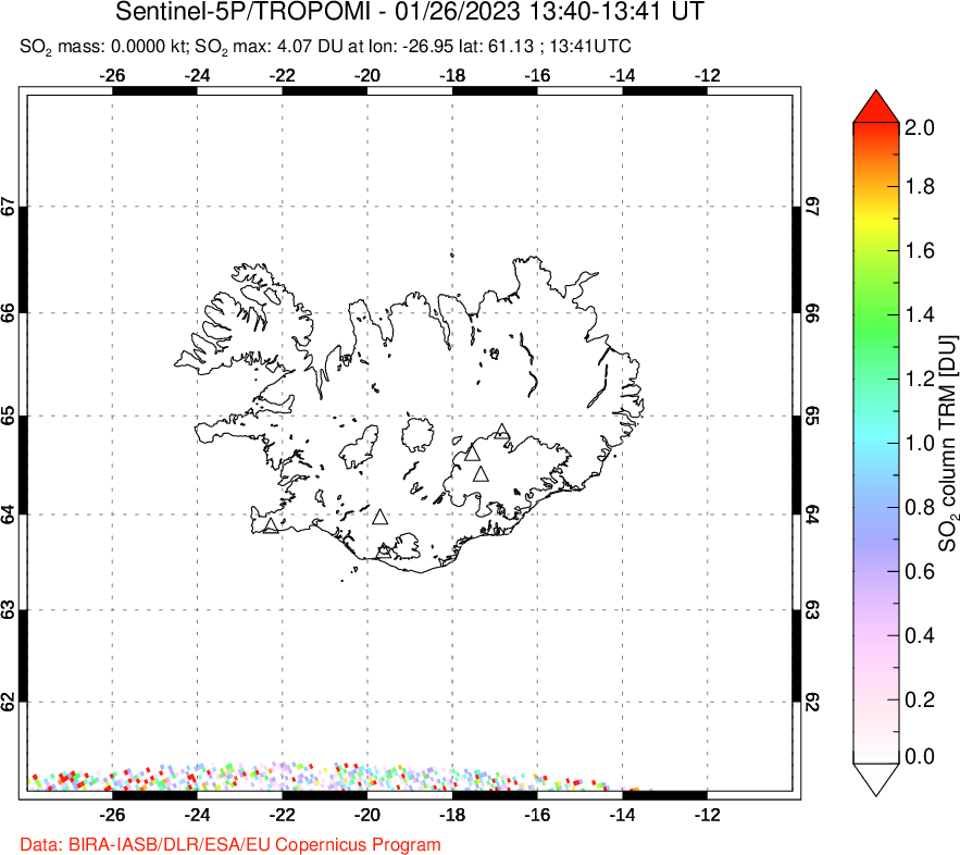 A sulfur dioxide image over Iceland on Jan 26, 2023.