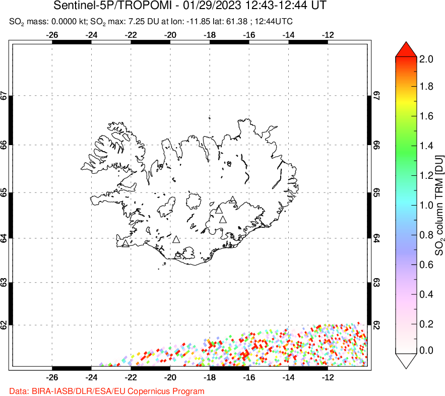 A sulfur dioxide image over Iceland on Jan 29, 2023.