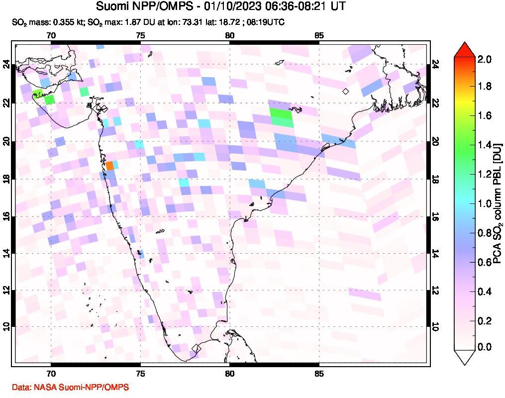 A sulfur dioxide image over India on Jan 10, 2023.