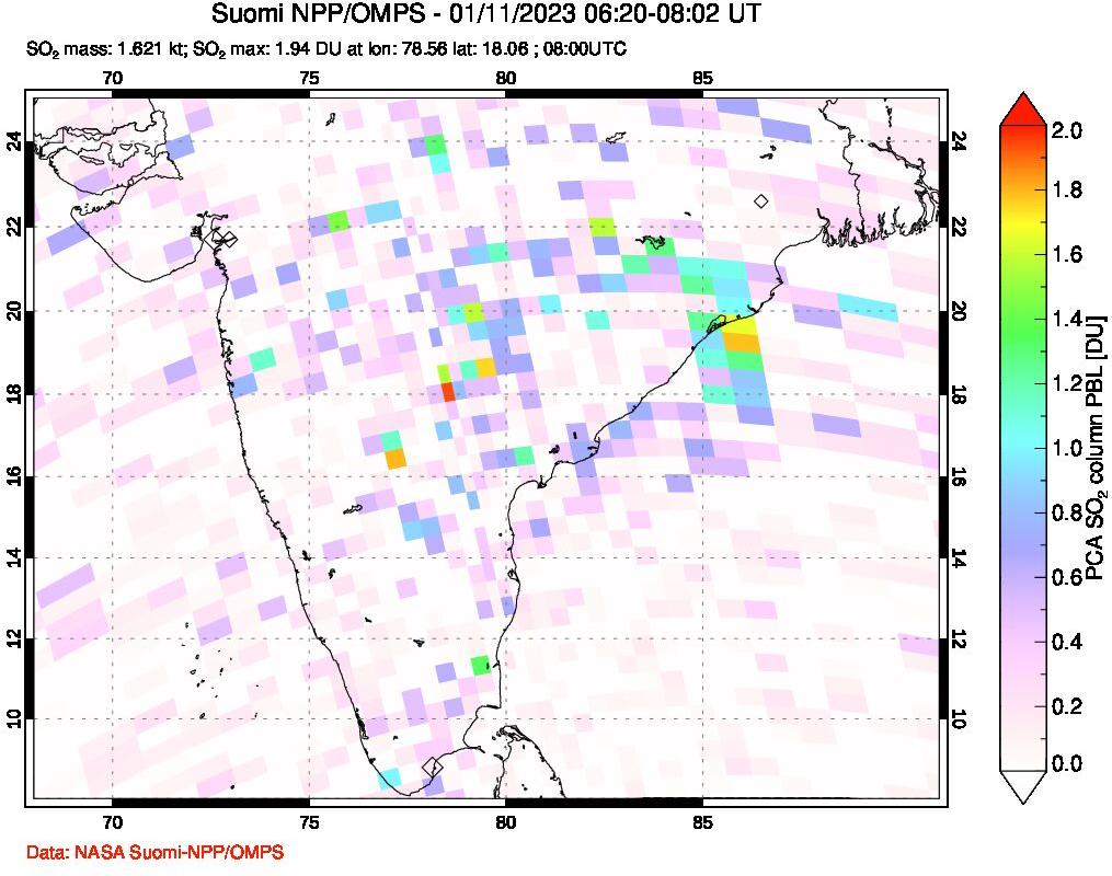 A sulfur dioxide image over India on Jan 11, 2023.