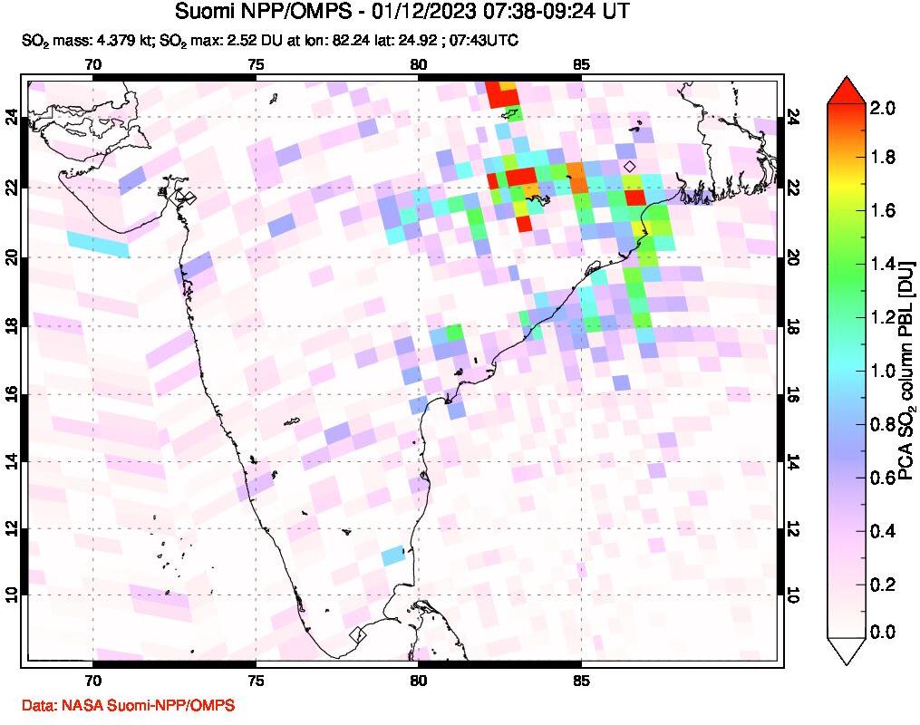 A sulfur dioxide image over India on Jan 12, 2023.