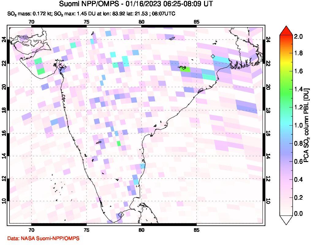 A sulfur dioxide image over India on Jan 16, 2023.