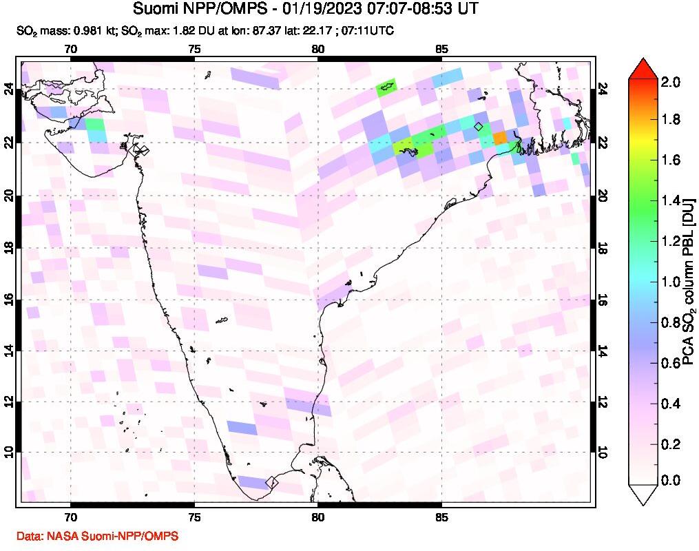 A sulfur dioxide image over India on Jan 19, 2023.