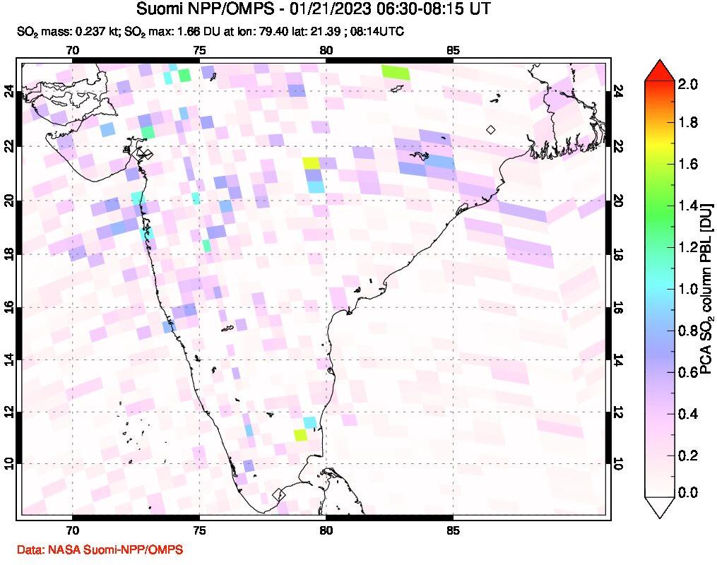 A sulfur dioxide image over India on Jan 21, 2023.