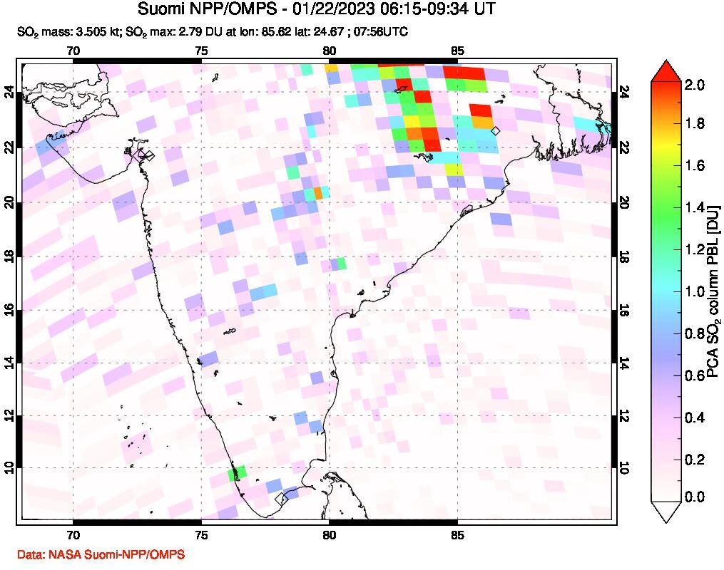 A sulfur dioxide image over India on Jan 22, 2023.