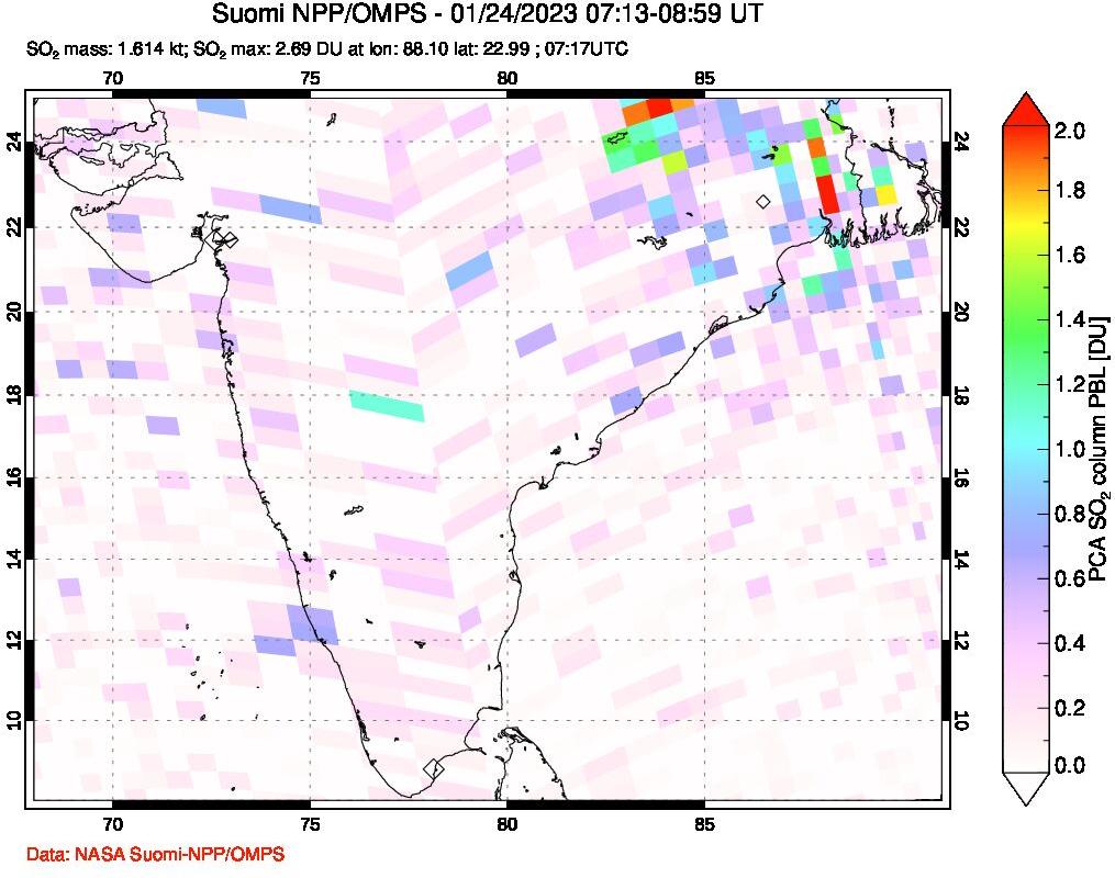 A sulfur dioxide image over India on Jan 24, 2023.
