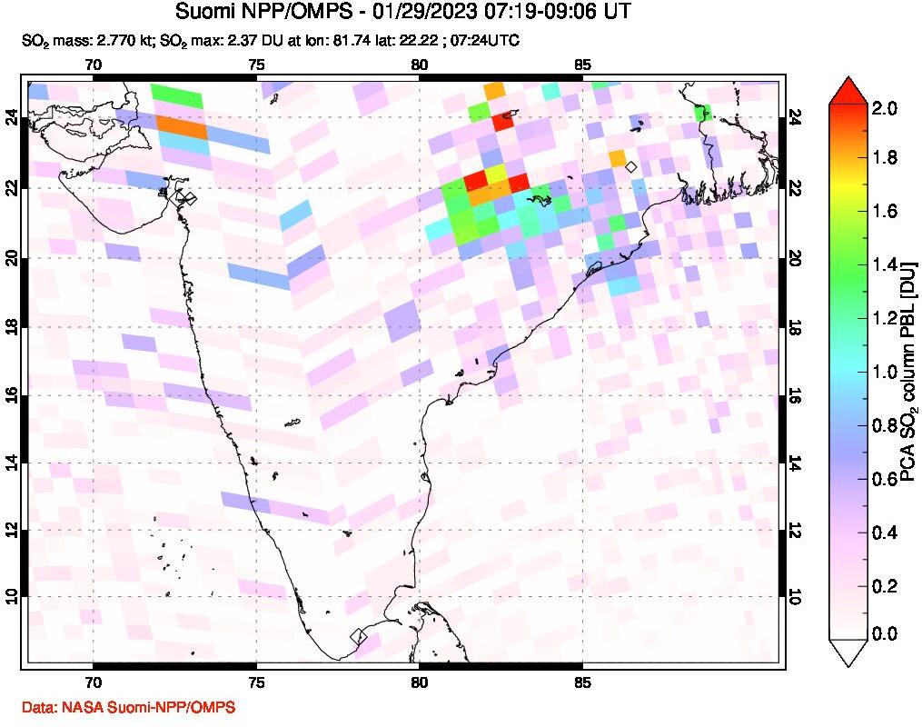 A sulfur dioxide image over India on Jan 29, 2023.