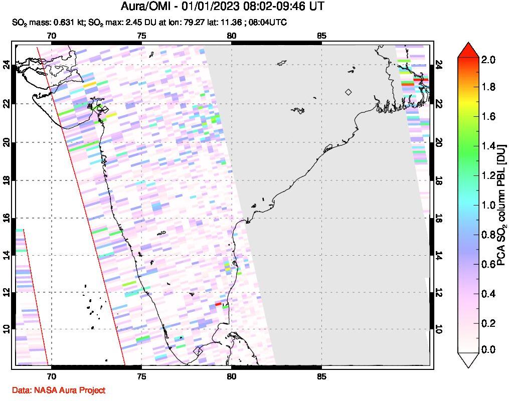A sulfur dioxide image over India on Jan 01, 2023.