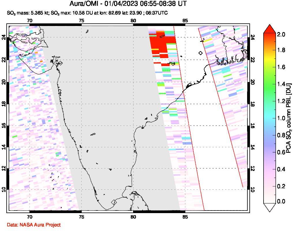 A sulfur dioxide image over India on Jan 04, 2023.