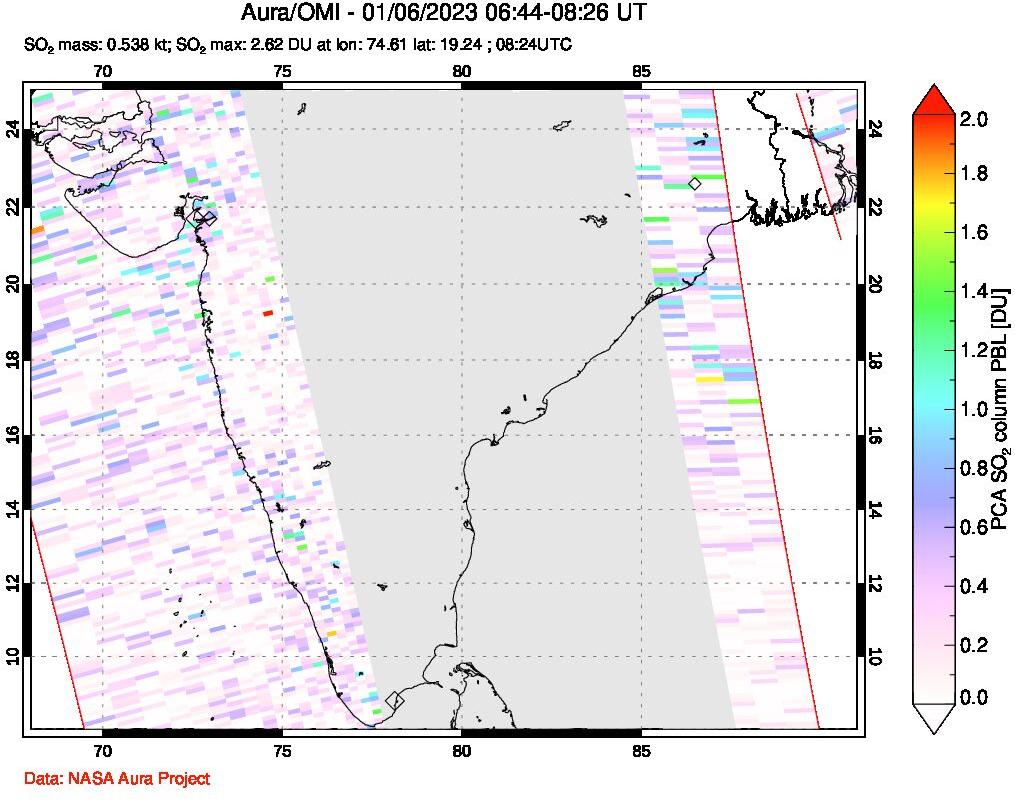 A sulfur dioxide image over India on Jan 06, 2023.