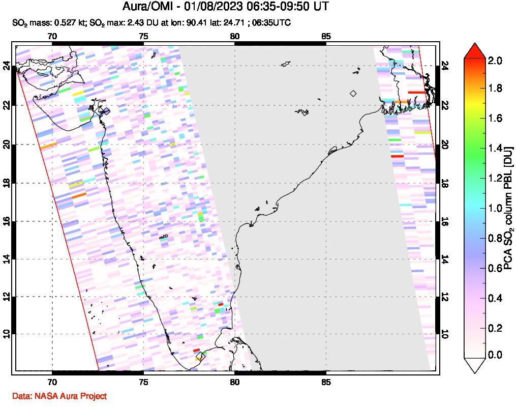 A sulfur dioxide image over India on Jan 08, 2023.
