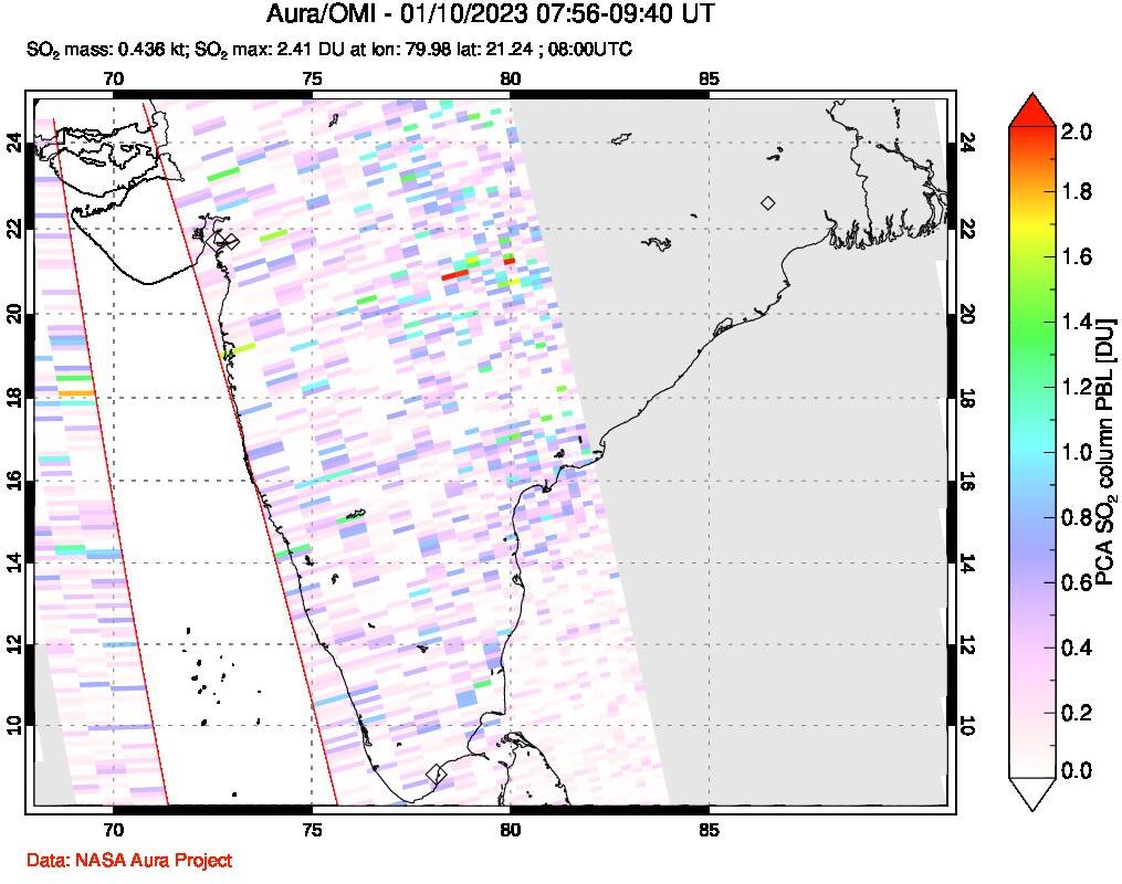 A sulfur dioxide image over India on Jan 10, 2023.