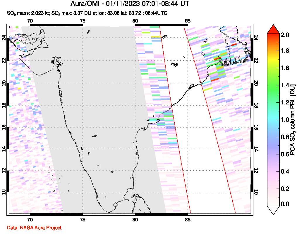 A sulfur dioxide image over India on Jan 11, 2023.