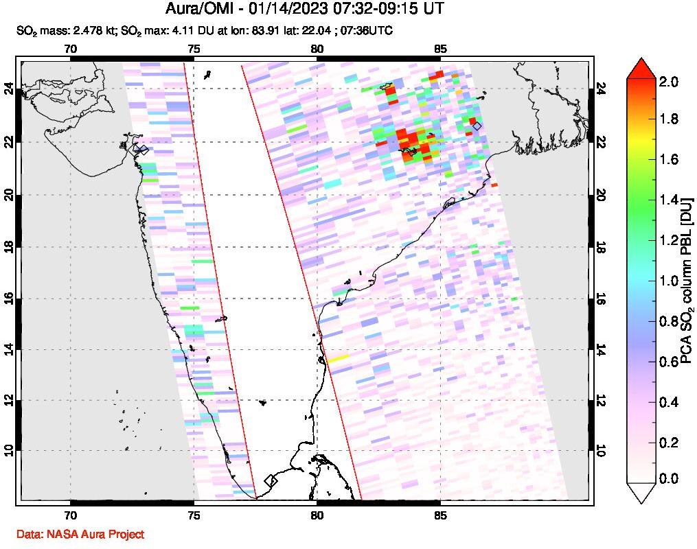 A sulfur dioxide image over India on Jan 14, 2023.