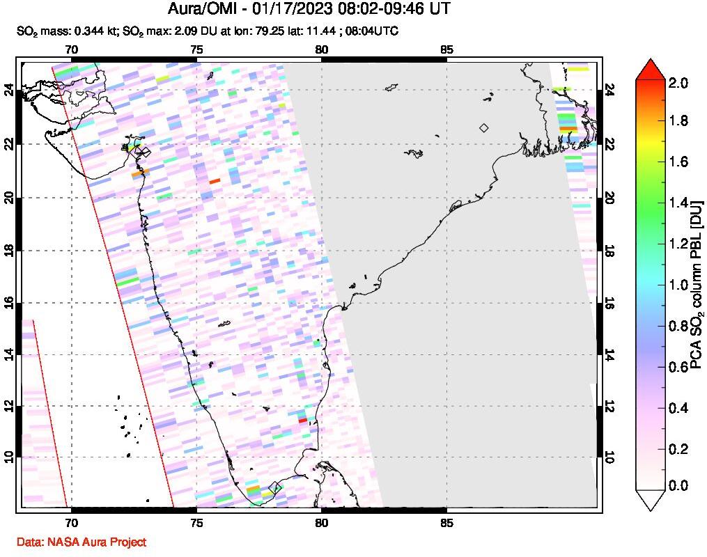 A sulfur dioxide image over India on Jan 17, 2023.