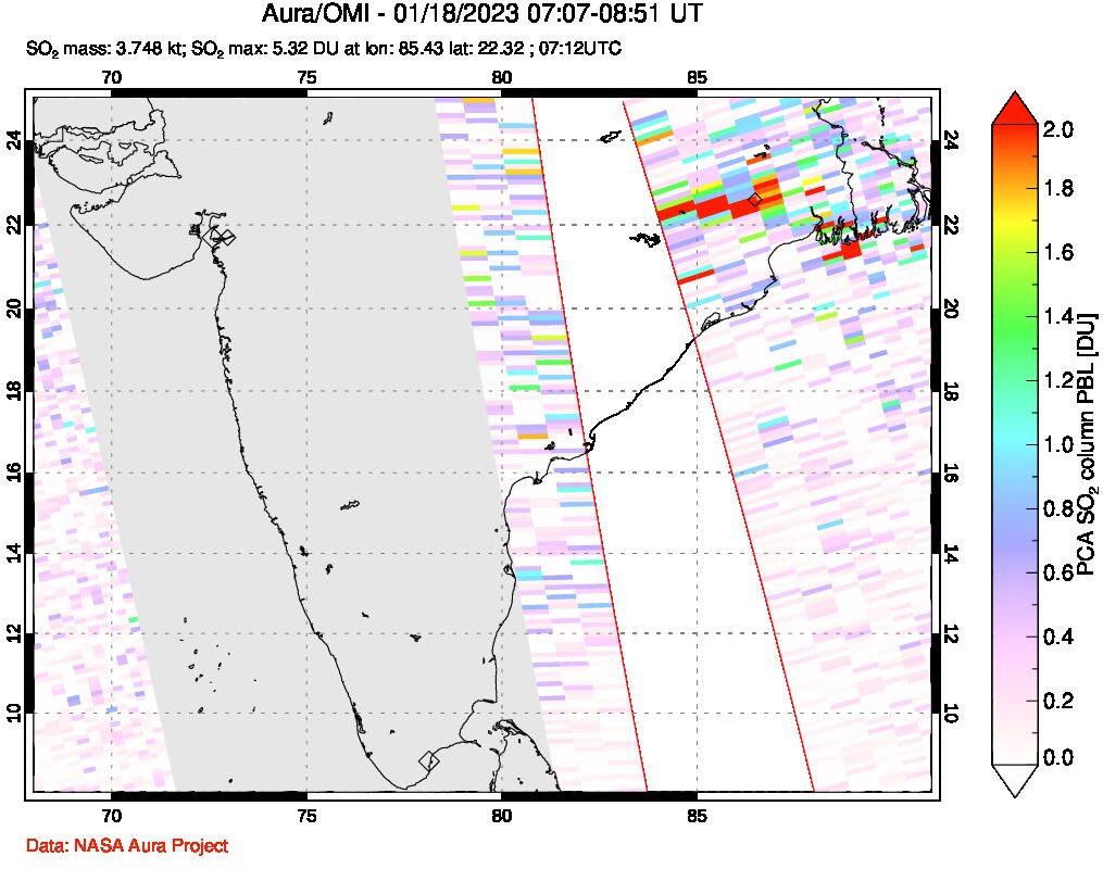 A sulfur dioxide image over India on Jan 18, 2023.