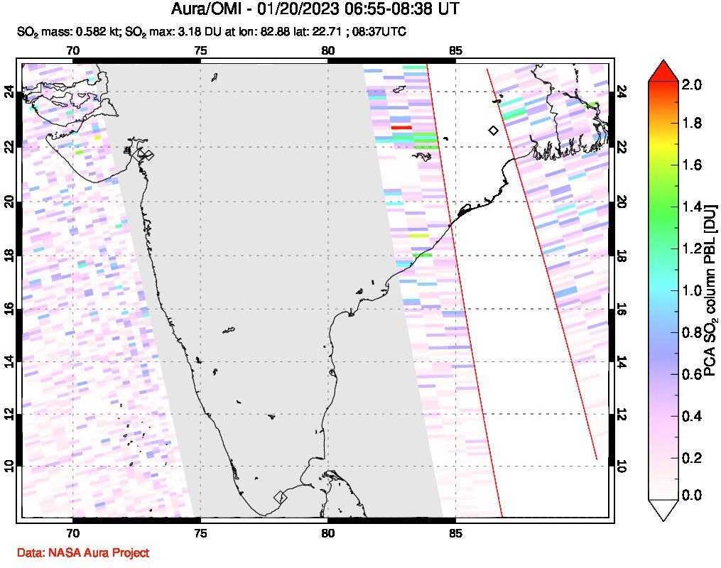 A sulfur dioxide image over India on Jan 20, 2023.