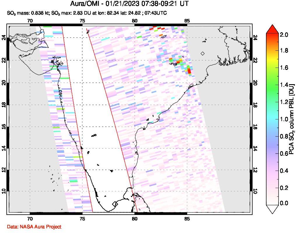 A sulfur dioxide image over India on Jan 21, 2023.