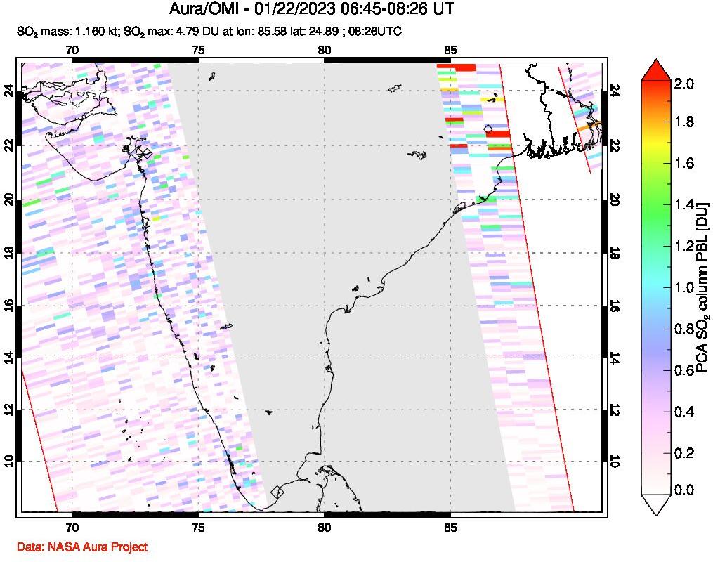 A sulfur dioxide image over India on Jan 22, 2023.