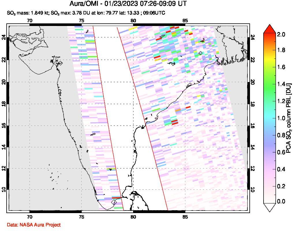 A sulfur dioxide image over India on Jan 23, 2023.