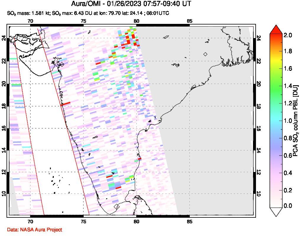 A sulfur dioxide image over India on Jan 26, 2023.