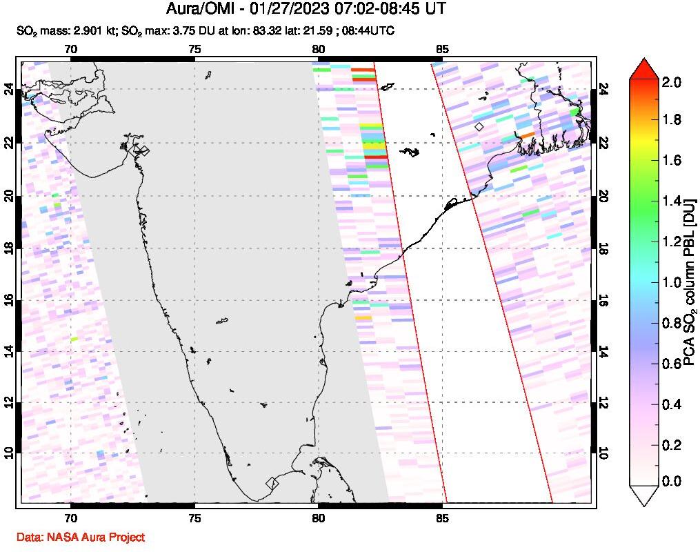 A sulfur dioxide image over India on Jan 27, 2023.
