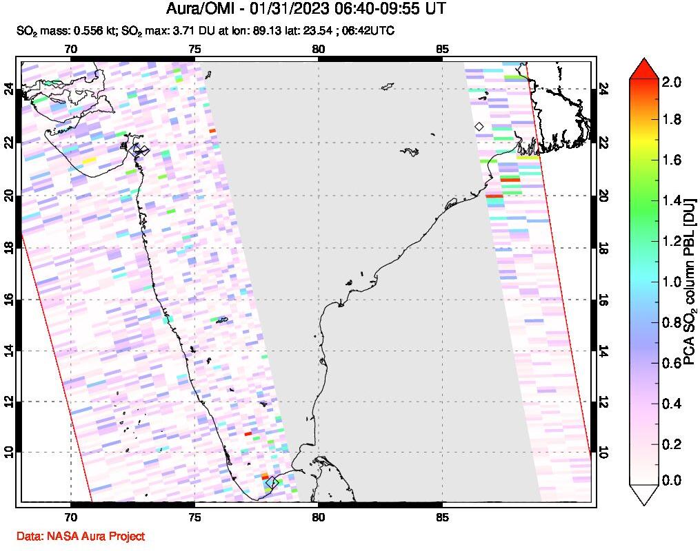 A sulfur dioxide image over India on Jan 31, 2023.