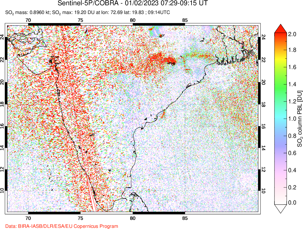 A sulfur dioxide image over India on Jan 02, 2023.