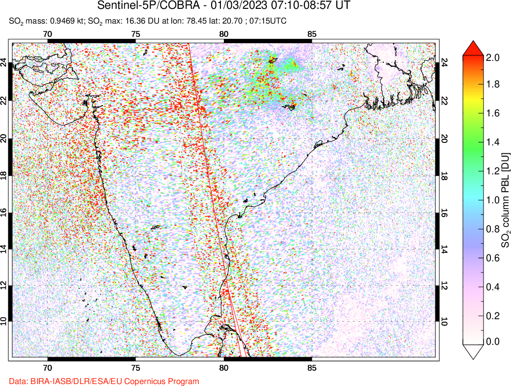 A sulfur dioxide image over India on Jan 03, 2023.