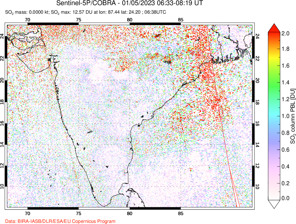 A sulfur dioxide image over India on Jan 05, 2023.