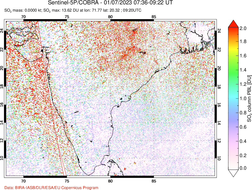 A sulfur dioxide image over India on Jan 07, 2023.