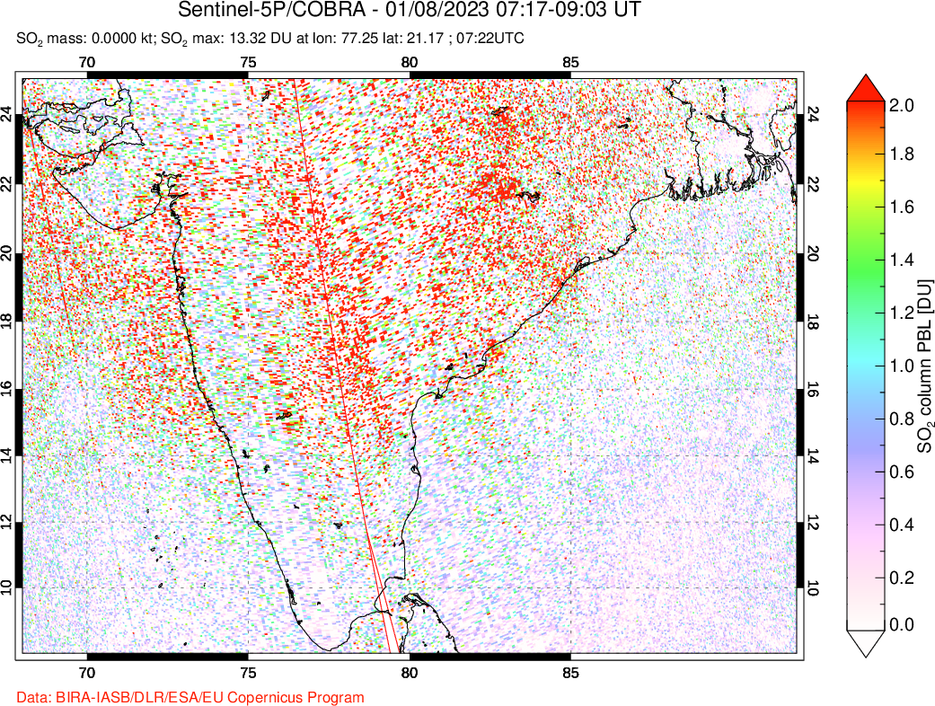 A sulfur dioxide image over India on Jan 08, 2023.