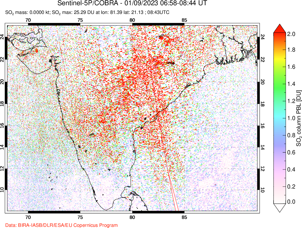 A sulfur dioxide image over India on Jan 09, 2023.