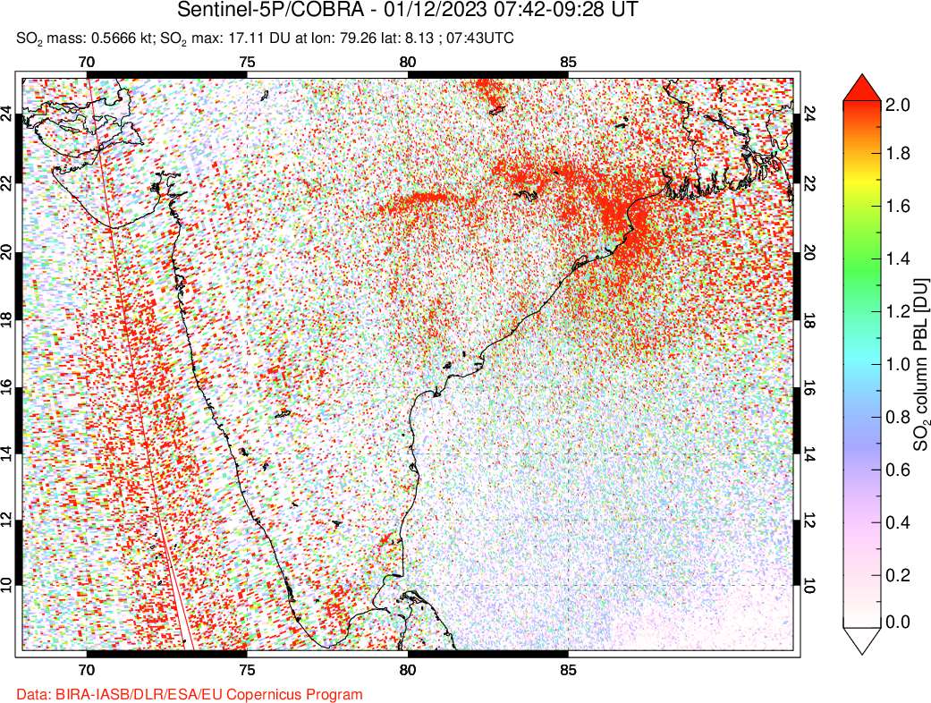 A sulfur dioxide image over India on Jan 12, 2023.