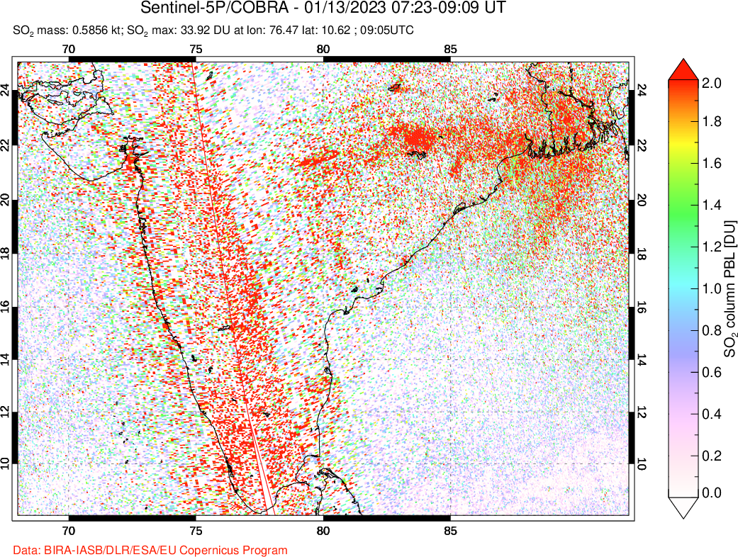 A sulfur dioxide image over India on Jan 13, 2023.