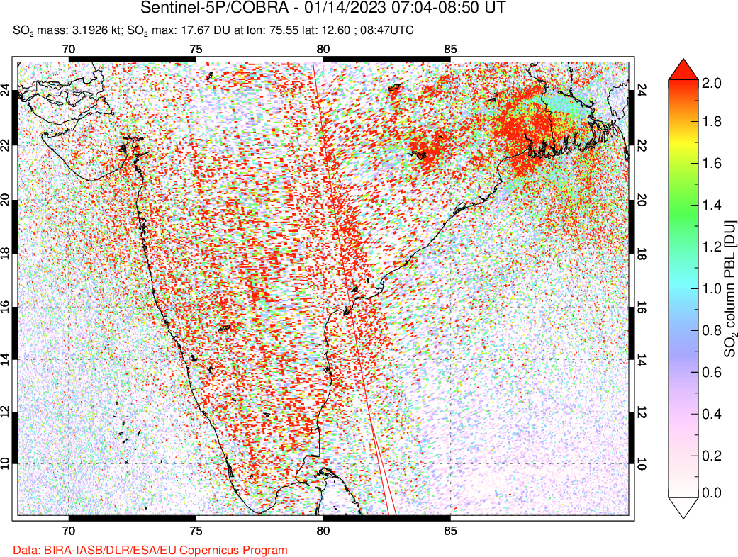 A sulfur dioxide image over India on Jan 14, 2023.