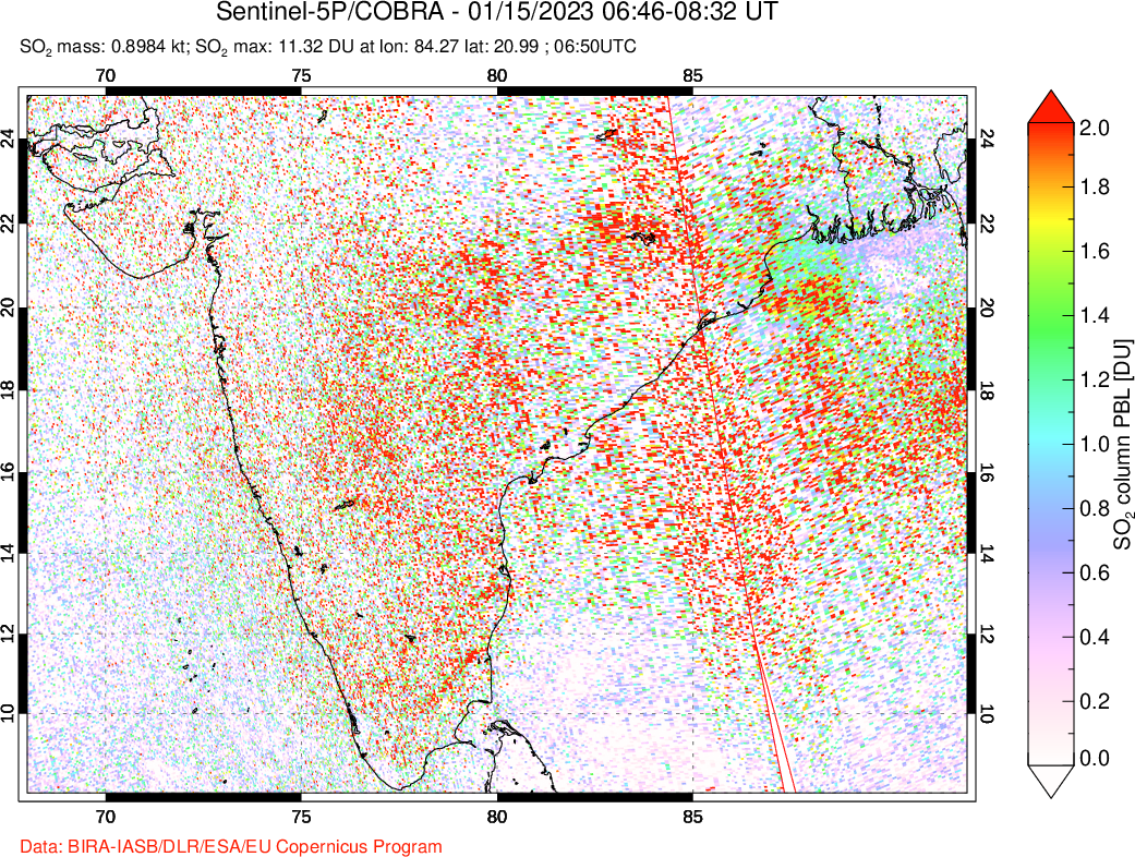 A sulfur dioxide image over India on Jan 15, 2023.