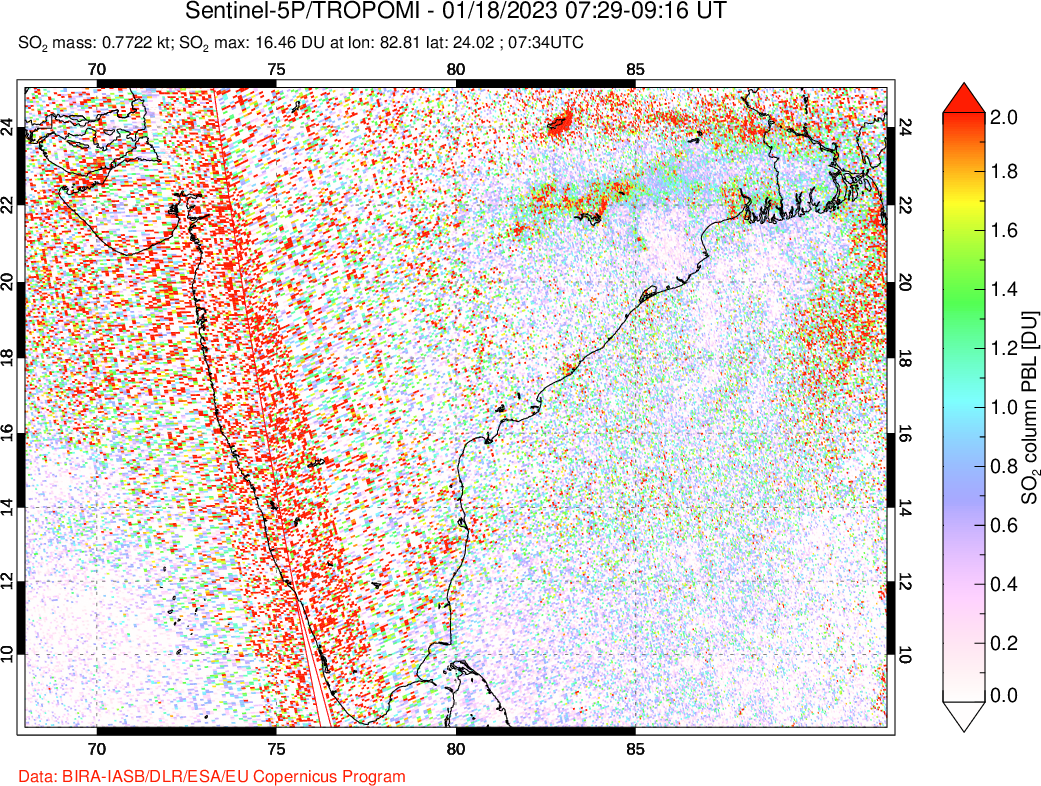 A sulfur dioxide image over India on Jan 18, 2023.