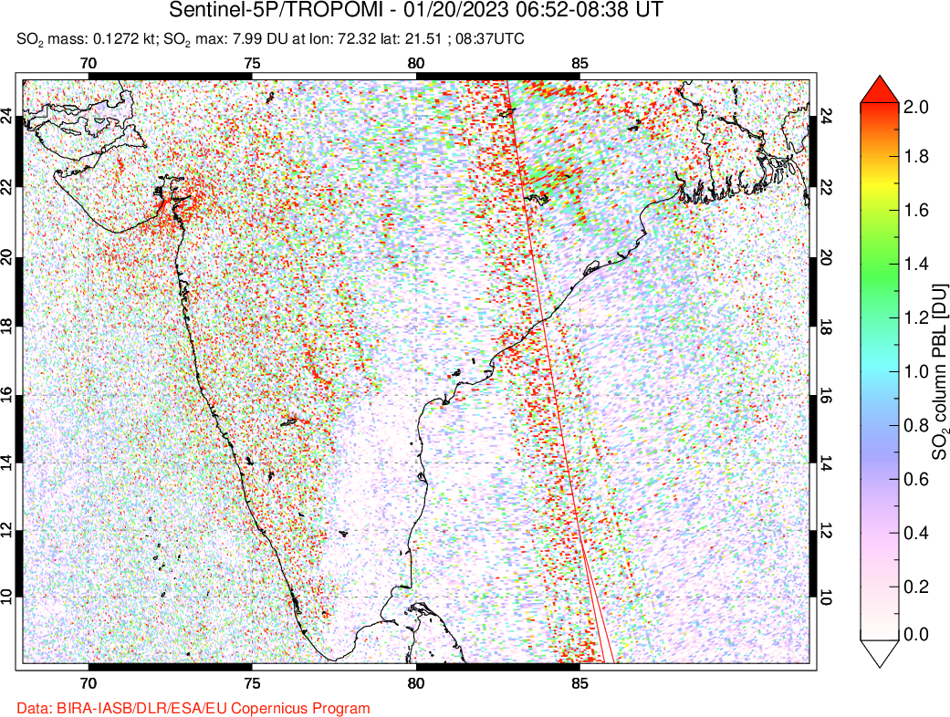 A sulfur dioxide image over India on Jan 20, 2023.