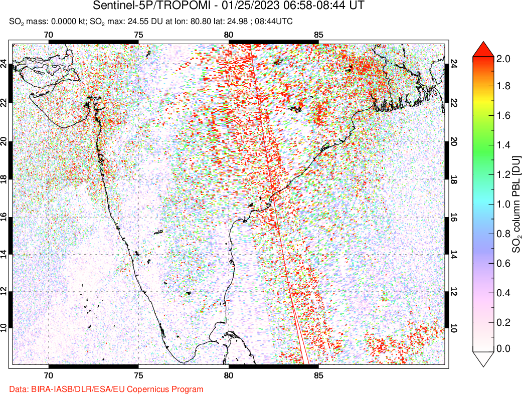 A sulfur dioxide image over India on Jan 25, 2023.
