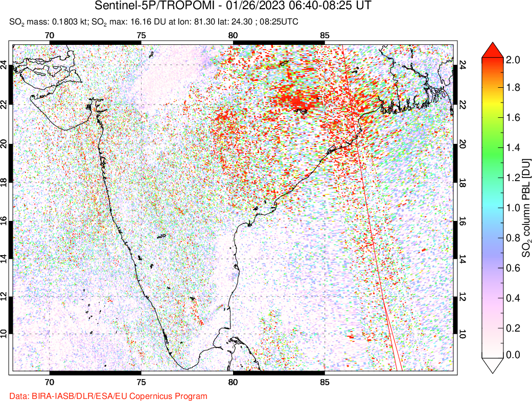 A sulfur dioxide image over India on Jan 26, 2023.