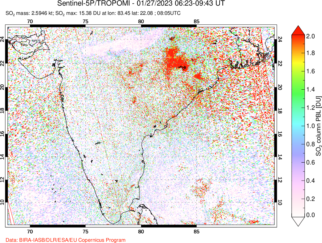 A sulfur dioxide image over India on Jan 27, 2023.