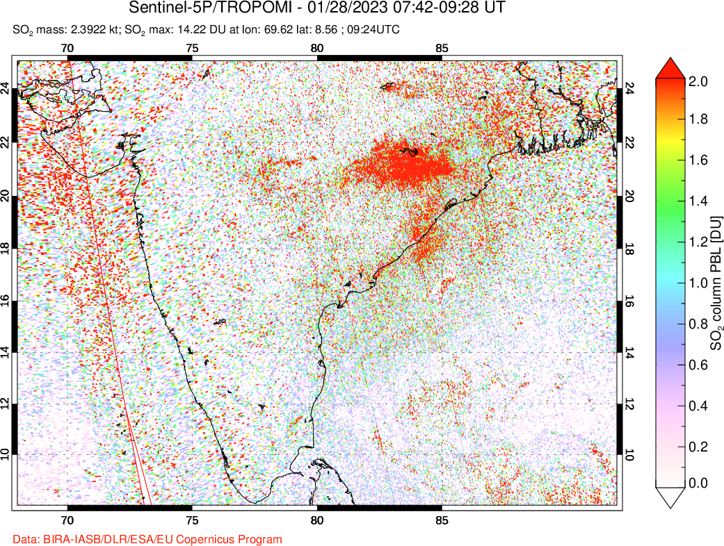 A sulfur dioxide image over India on Jan 28, 2023.