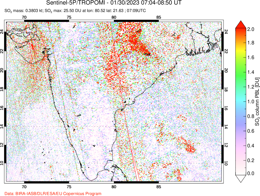A sulfur dioxide image over India on Jan 30, 2023.