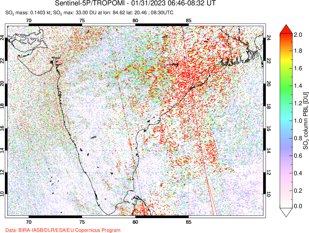 A sulfur dioxide image over India on Jan 31, 2023.