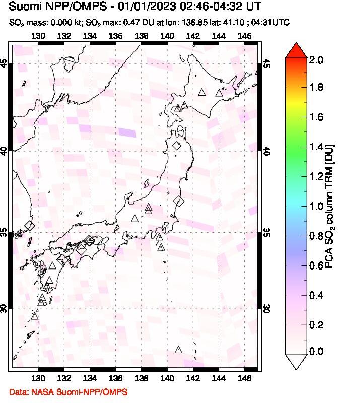 A sulfur dioxide image over Japan on Jan 01, 2023.
