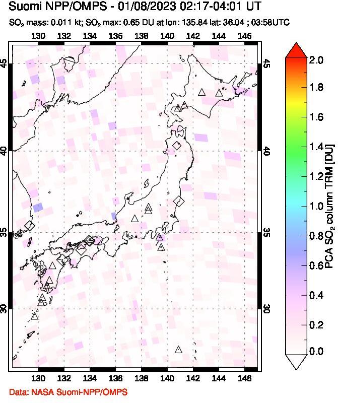 A sulfur dioxide image over Japan on Jan 08, 2023.