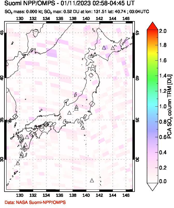 A sulfur dioxide image over Japan on Jan 11, 2023.