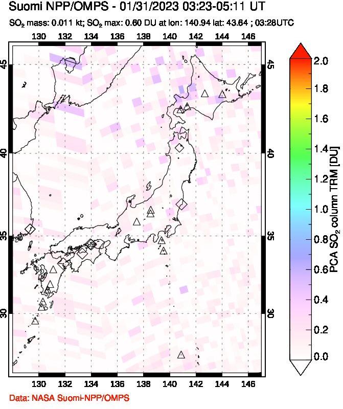 A sulfur dioxide image over Japan on Jan 31, 2023.