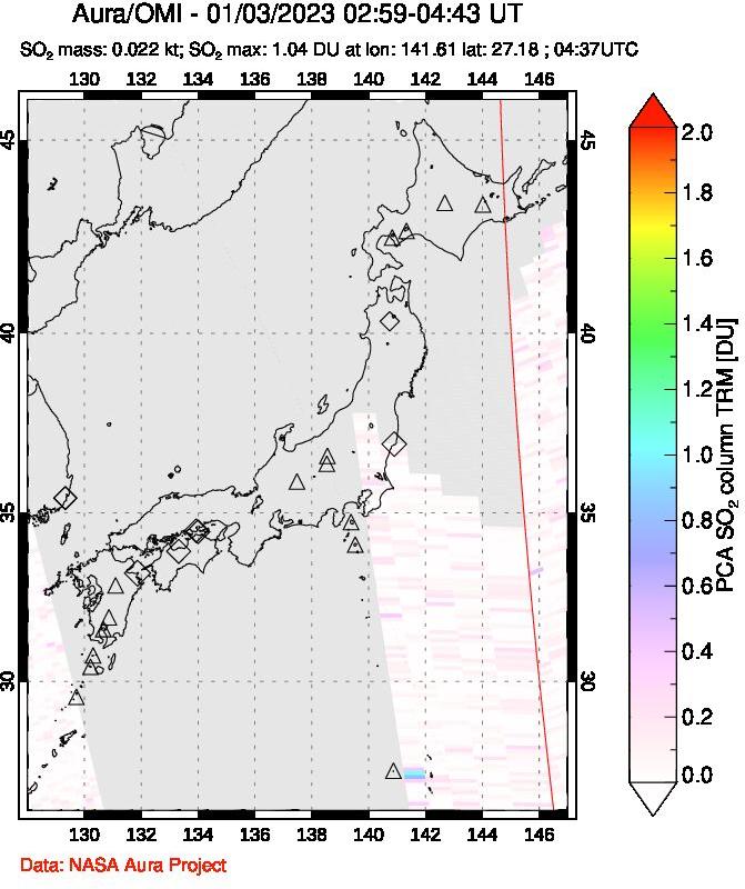 A sulfur dioxide image over Japan on Jan 03, 2023.